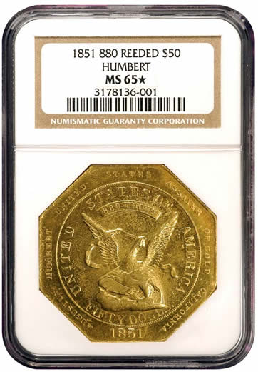 1851-Augustus-Humbert-$50-Gold-Graded-NGC-MS-65*